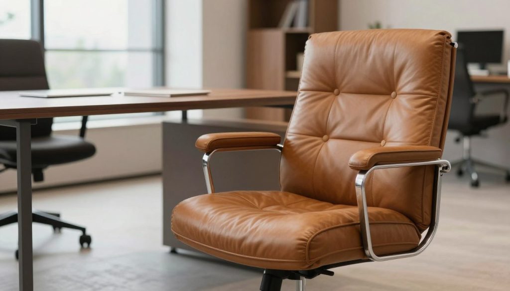 A beautifully designed Soft Pad office chair inspired by the Eames EA217, featuring plush leather upholstery in a rich tan color. The foreground showcases the chair with its distinctive soft curves and elegant aluminum frame, emphasizing the craftsmanship. In the middle, place a stylish walnut desk with minimalistic design elements for a professional atmosphere. The background should depict a modern office space with large windows allowing natural light to illuminate the scene, creating a warm and inviting mood. Use a soft focus effect to highlight the chair while ensuring clear details in the desk and office surroundings. This image should evoke a sense of timeless elegance and sophistication, perfect for illustrating high-quality furniture offerings from Decomica.com.