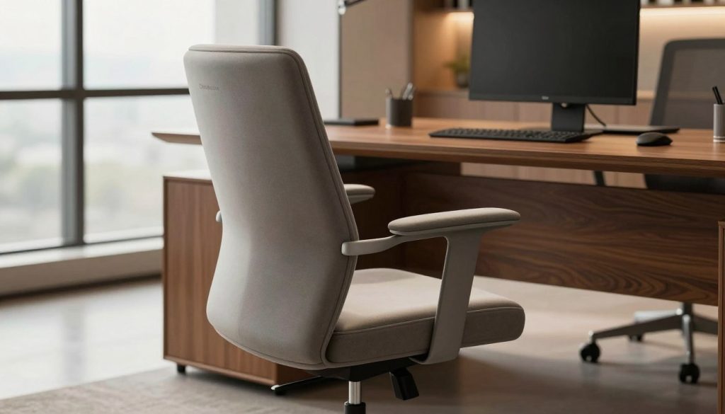 A beautifully designed ergonomic chair, showcasing a blend of comfort and modern aesthetics. In the foreground, the chair has sleek lines and plush upholstery, highlighting its innovative shape that supports healthy sitting posture. The middle ground features a sophisticated office setting with a polished wooden desk and soft ambient lighting that accentuates the chair's curves. In the background, large windows allow natural light to fill the space, creating a warm and inviting atmosphere. The overall mood is professional yet stylish, perfect for a contemporary workspace. This image embodies quality and design elegance, and includes a subtle hint of the brand, "Decomica.com", to emphasize its premium replica heritage.