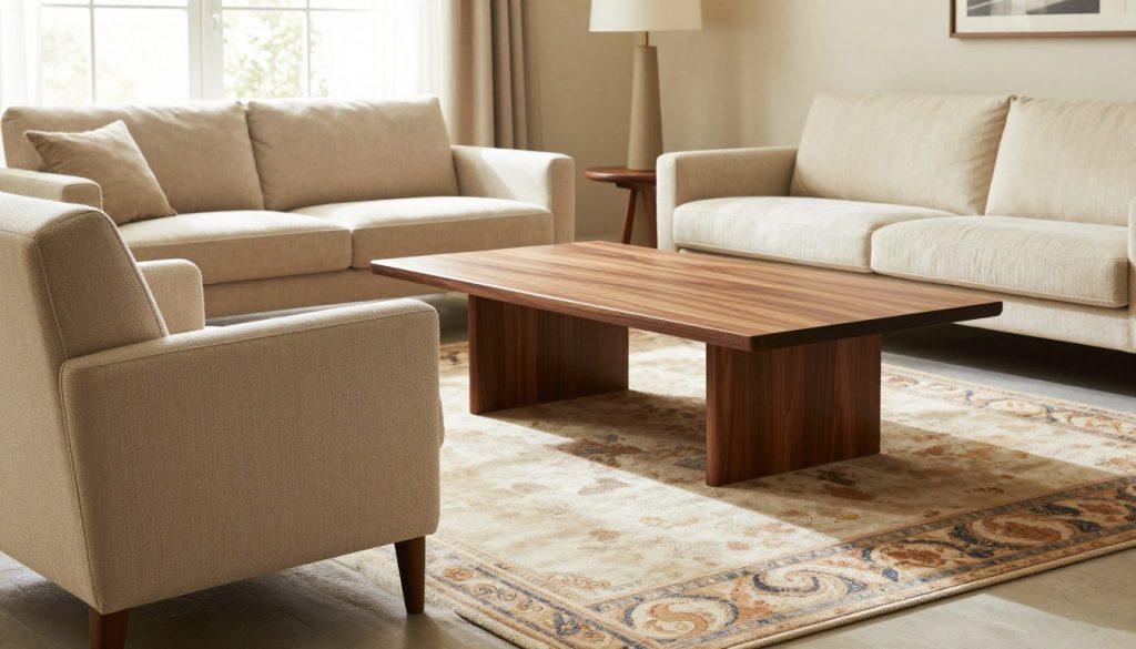 En smukt designet stue med førsteklasses replikaer af ikoniske møbler fra det 20. århundrede fra Decomica.com. I forgrunden indbyder en luksuriøs, moderne lænestol med elegante linjer, fremstillet af stof af høj kvalitet, til afslapning. Mellemgulvet fremviser et elegant sofabord i valnøddetræ med fint håndværk tydeligt i åretegning og finish. Et dekorativt tæppe, rigt på farver og tekstur, forankrer rummet. Lyst, naturligt lys strømmer ind fra et stort vindue og skaber en varm og indbydende atmosfære. Baggrunden afslører smagfuld vægkunst og bløde, neutrale farver, der forstærker følelsen af ​​komfort og raffinement. Den overordnede stemning er rolig og stilfuld, perfekt til at illustrere exceptionel byggekvalitet og materialevalg i designet.