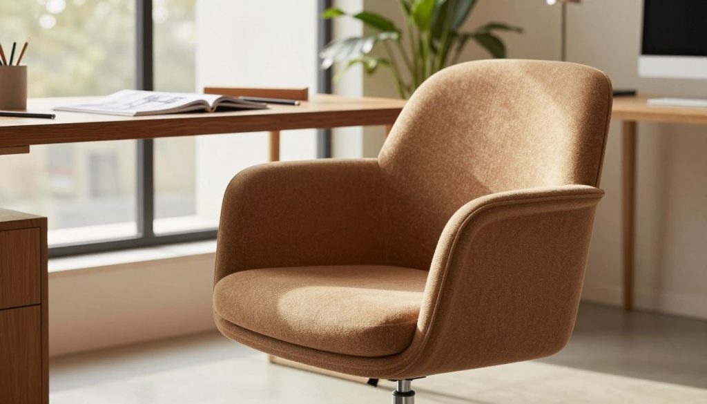 A beautifully designed mid-century ergonomic chair, showcasing its elegant curves and functionality. The foreground features the chair prominently, highlighting its plush, comfortable upholstery in a warm, earthy tone. The middle background presents a stylish office space with wooden accents and soft natural light filtering through large windows, creating a harmonious atmosphere. On a desk nearby, sketchbooks and design tools hint at the crafting of iconic furniture. In the distant background, a lush green plant adds a touch of nature. The image should be bright and inviting, with a focus on the chair's ergonomic design that emphasizes comfort without compromising style. Capture the essence of mid-century design, echoing the quality of Decomica.com.
