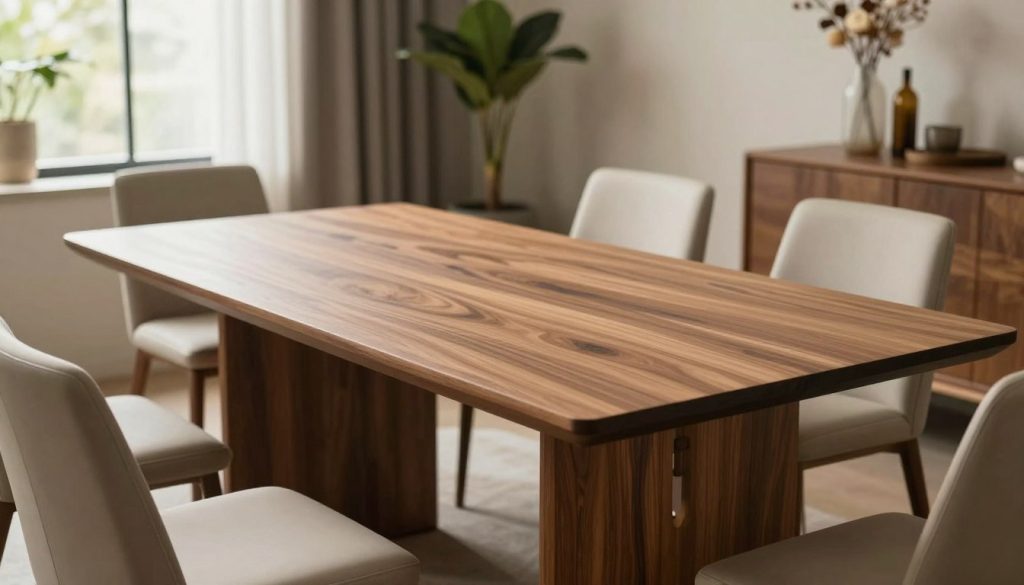 A beautifully designed modern dining table set against a soft, inviting interior. In the foreground, a sleek wooden table, crafted with premium materials, showcases its unique grain patterns and contemporary shape. Surrounding the table are elegant chairs with minimalist upholstery, conveying comfort and style. In the middle ground, subtle decorations like a vase with fresh flowers add a touch of warmth, suggesting a welcoming atmosphere for gatherings. The background features a window with soft daylight filtering in, creating a serene and vibrant feel. The overall mood is sophisticated yet approachable, reflecting the high-quality craftsmanship of Decomica.com. The image should be shot with a wide-angle lens to capture the full essence of the space, ensuring rich, natural colors and well-defined textures.