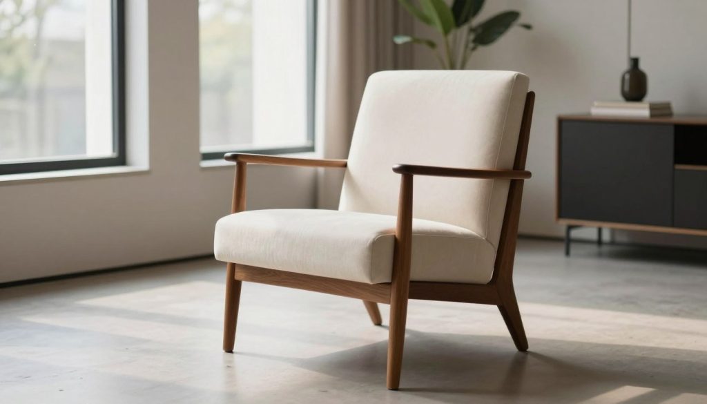 A beautifully designed replica chair from the 20th century, set in a modern, elegantly styled room. The chair, inspired by iconic designs, features a sleek silhouette with clean lines, luxurious upholstery, and polished wooden accents. In the foreground, the chair invites viewers to admire its craftsmanship. In the middle ground, soft diffused natural light spills through large windows, casting gentle shadows that enhance the chair's curves. The background includes minimalist decor and a plant that adds a touch of greenery, creating a calm and sophisticated atmosphere. Capture this scene using a wide-angle lens at a medium height, emphasizing the chair while ensuring the surrounding space is harmonious. The overall mood should convey a sense of comfort and refined aesthetics, reminiscent of Decomica.com’s commitment to quality and timeless design.