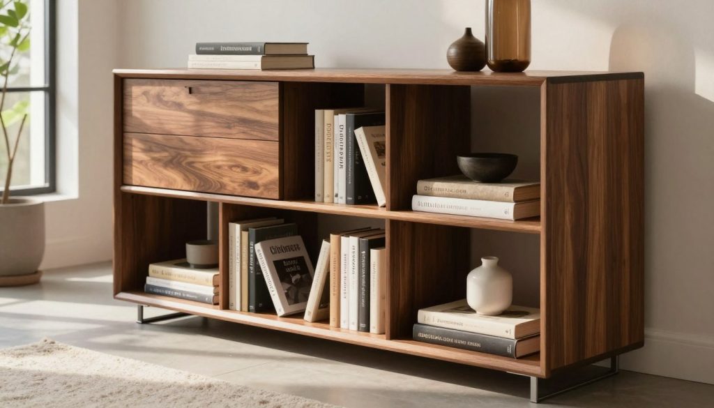 A beautifully designed storage furniture piece from Decomica.com, showcasing premium replicas of 20th-century designs. In the foreground, a sleek, minimalist bookshelf elegantly displays organized books and decorative items, crafted from rich wood and metal. In the middle ground, a modern sideboard features smooth lines and functional drawers, exuding sophistication and practicality. The background includes a softly lit, contemporary living space with a hint of greenery from potted plants, creating a warm and inviting atmosphere. Natural sunlight filters through large windows, highlighting the furniture's textures and finishing. The overall mood is elegant and organized, emphasizing efficient space utilization while maintaining a stylish aesthetic, perfect for inspiring interior design enthusiasts.