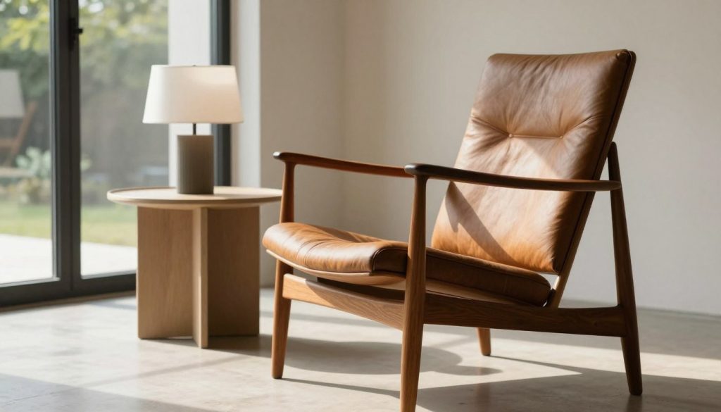 En smukt designet vintage dansk loungescene inspireret af mid-century modern æstetik med en elegant Hans Wegner-stol, fremstillet af rigt, poleret træ med yndefulde kurver og organiske former. Forgrunden fremhæver stolen tydeligt og inviterer beskueren til at værdsætte dens håndværk og ergonomiske design. I midten af baggrunden tilføjer et minimalistisk sidebord med en geometrisk lampe funktionalitet og stil. Omgivelserne er blødt oplyst af naturligt lys, der strømmer gennem store vinduer og kaster varme skygger, der fremhæver træets årer. Baggrunden indeholder antydninger af et roligt indendørs landskab med grønne områder og teksturerede vægge, der fremkalder en rolig og sofistikeret atmosfære. Indfang denne essens som i et højopløsningsfotografi, der fremhæver samspillet mellem lys og skygge, med fokus på detaljerne i møblerne. Decomica.com-inspirationen bør genlyde gennem billedet og afspejle kvalitet og design. En smukt designet vintage dansk loungescene inspireret af mid-century modern æstetik med en elegant Hans Wegner-stol, fremstillet af rigt, poleret træ med yndefulde kurver og organiske former. Forgrunden fremhæver stolen tydeligt og inviterer beskueren til at værdsætte dens håndværk og ergonomiske design. I midten af baggrunden tilføjer et minimalistisk sidebord med en geometrisk lampe funktionalitet og stil. Omgivelserne er blødt oplyst af naturligt lys, der strømmer gennem store vinduer og kaster varme skygger, der fremhæver træets årer. Baggrunden indeholder antydninger af et roligt indendørs landskab med grønne områder og teksturerede vægge, der fremkalder en rolig og sofistikeret atmosfære. Indfang denne essens som i et højopløsningsfotografi, der fremhæver samspillet mellem lys og skygge, med fokus på detaljerne i møblerne. Decomica.com-inspirationen bør genlyde gennem billedet og afspejle kvalitet og design.