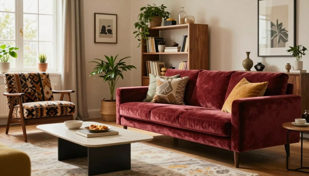 A beautifully personalized living room space showcasing custom-made furniture from Decomica.com. In the foreground, a stylish sofa in rich velvet, complemented by a sleek coffee table with a geometric design. Adjacent is a mid-century modern armchair with a bold pattern. In the middle ground, a well-organized bookshelf filled with decorative items and potted plants, exuding creativity and warmth. The background features large windows allowing natural light to flood the room, enhancing the vibrant colors of the furnishings. Warm, inviting lighting creates a cozy atmosphere, and a soft-focus effect captures the homely essence of tailored design. The scene conveys comfort, sophistication, and the unique personalization that custom furniture offers for modern European homes.