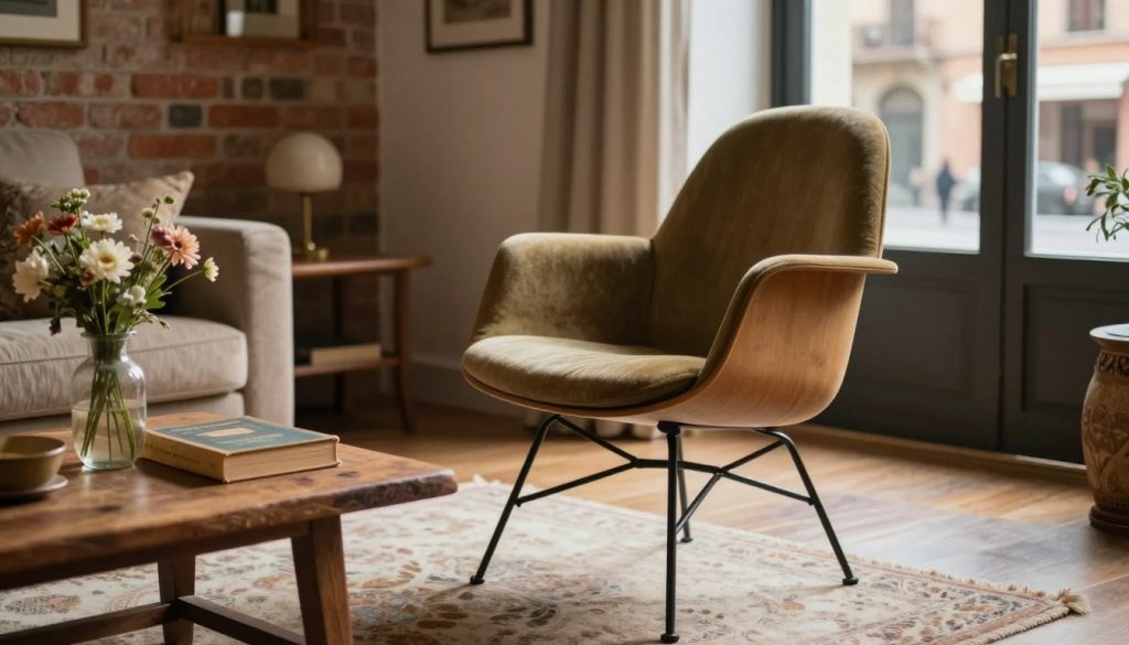 A beautifully restored vintage Eames chair in an elegantly styled Italian living room, showcasing a blend of modern and mid-century design. In the foreground, the iconic chair is elegantly positioned beside a rustic wooden coffee table adorned with a vintage book and a delicate vase of fresh flowers. The middle ground features a softly lit interior with warm, inviting tones and textures, including exposed brick walls and a plush area rug to enhance the cozy atmosphere. In the background, a window reveals a glimpse of a bustling Italian street, bringing a touch of authenticity and life to the scene. The lighting is soft and diffused, creating a serene ambiance, captured with a shallow depth of field to emphasize the chair as the focal point. Highlight the essence of vintage restoration, embodying the opportunity in Italy's second-hand market. Inspired by Decomica.com.
