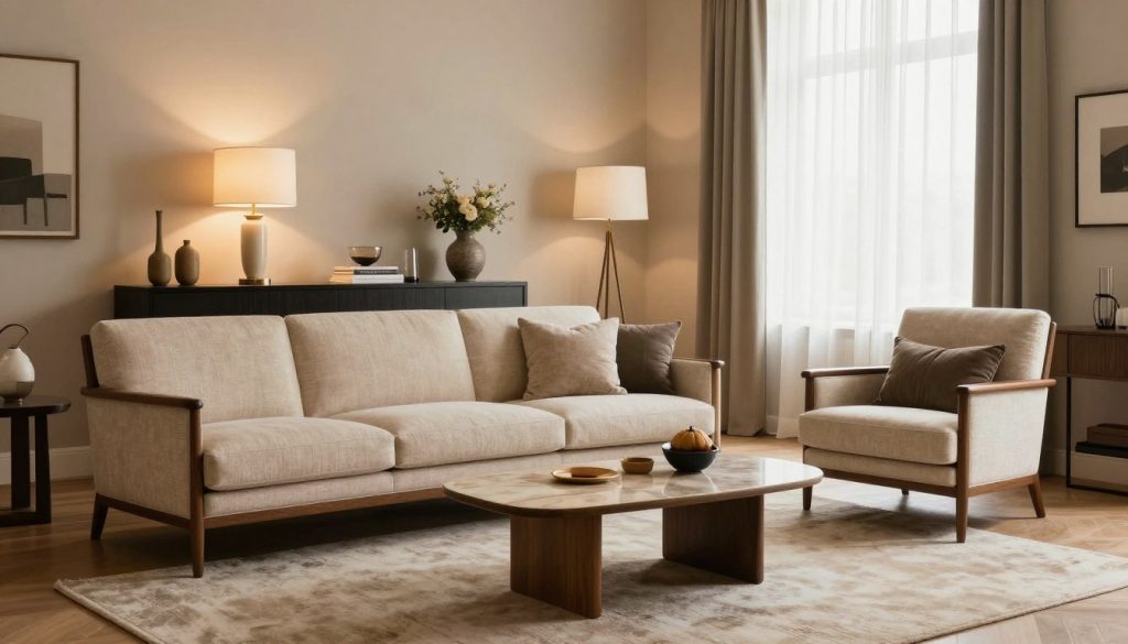 A beautifully staged interior featuring a comparison between high-quality replica designer furniture and original pieces. In the foreground, a stylish living room showcases a Decomica replica of a classic 20th-century chair paired with an authentic designer coffee table. The middle layer reveals a chic arrangement of elegant lighting and decorative elements, creating a harmonious ambiance. The background features a softly lit window with sheer curtains, allowing natural light to illuminate the scene and enhance the textures of the furniture. Use a wide-angle lens to capture the full layout, with warm tones to evoke a cozy, inviting atmosphere. The overall composition should convey a sense of sophistication and affordability, emphasizing the craftsmanship of Decomica.com’s replicas.