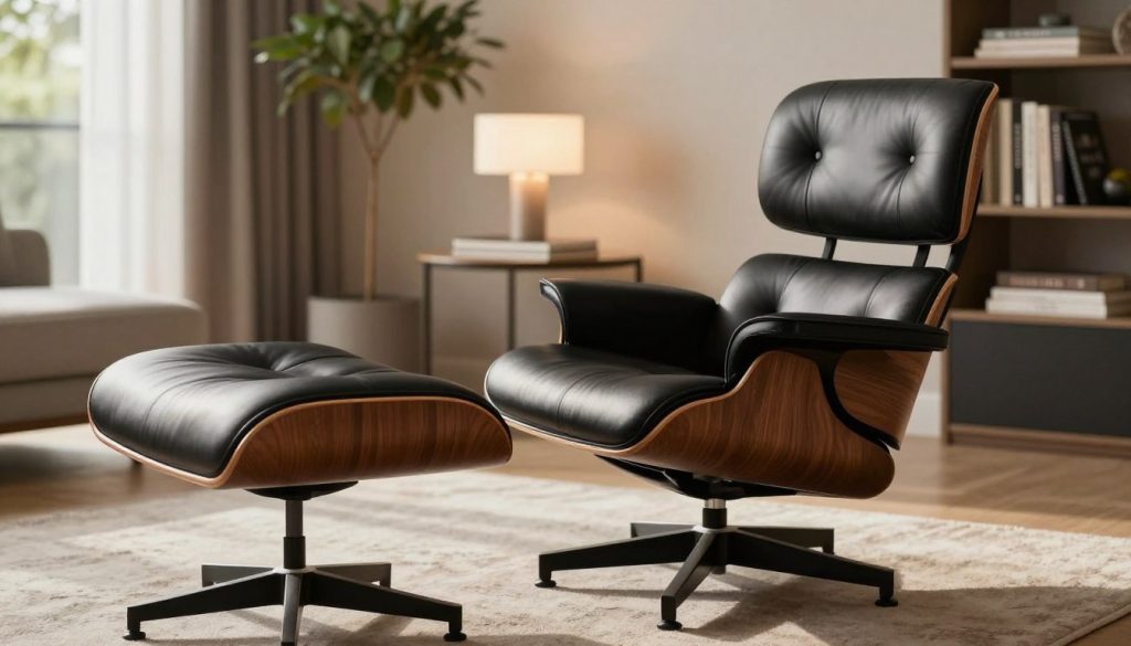 A beautifully styled Eames Lounge Chair with Ottoman, positioned elegantly in a modern living room setting. The chair features rich walnut veneer and sumptuous black leather cushions, emphasizing comfort and timeless design. In the foreground, the chair is the focal point, with soft textures and warm lighting creating an inviting atmosphere. The middle ground includes a plush area rug and a sleek side table with a minimalist lamp, enhancing the contemporary feel. The background is softly blurred, showcasing a stylish bookshelf and greenery, adding depth to the composition. The scene is illuminated by gentle, diffused natural light streaming through a large window, casting soft shadows. The overall mood reflects sophistication and relaxation, embodying the essence of modern luxury. This image is designed to reflect the quality of iconic design from Decomica. A beautifully styled Eames Lounge Chair with Ottoman, positioned elegantly in a modern living room setting. The chair features rich walnut veneer and sumptuous black leather cushions, emphasizing comfort and timeless design. In the foreground, the chair is the focal point, with soft textures and warm lighting creating an inviting atmosphere. The middle ground includes a plush area rug and a sleek side table with a minimalist lamp, enhancing the contemporary feel. The background is softly blurred, showcasing a stylish bookshelf and greenery, adding depth to the composition. The scene is illuminated by gentle, diffused natural light streaming through a large window, casting soft shadows. The overall mood reflects sophistication and relaxation, embodying the essence of modern luxury. This image is designed to reflect the quality of iconic design from Decomica.