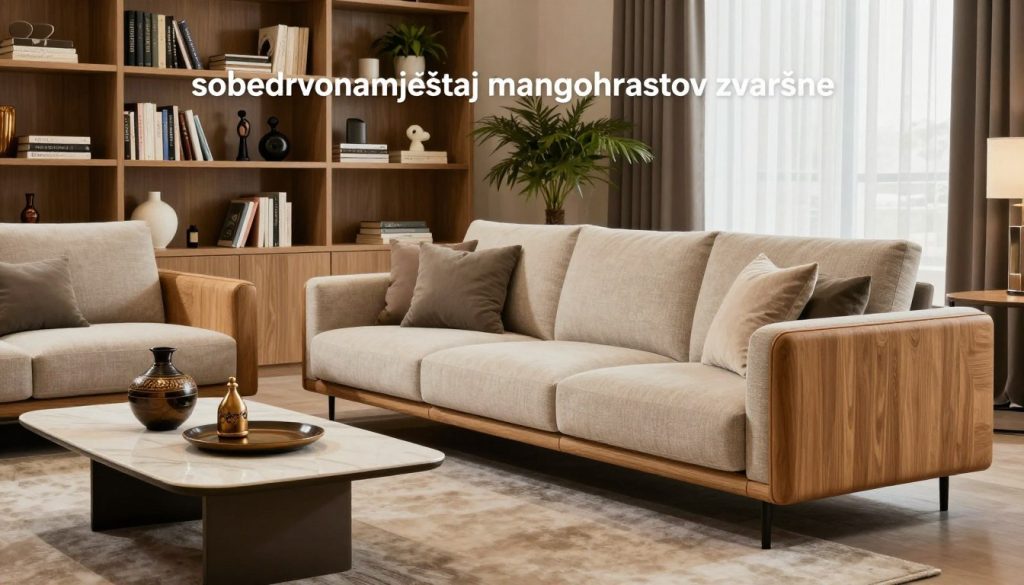 A beautifully styled living room showcasing "sobedrvonamještaj mangohrastov završne" in a modern European design. The foreground features a luxurious mango oak sofa with sleek lines and high-quality fabric, adorned with elegant throw pillows. In the middle, a minimalist coffee table complements the sofa, with decorative objects that reflect regional craftsmanship. The background displays a tastefully curated bookshelf filled with art books, plants, and sculptures inspired by 20th-century European design. Soft, warm lighting creates an inviting atmosphere, illuminating the room through large windows with sheer drapes. Use a 35mm lens to capture the details and depth of the space, evoking a sense of sophistication and accessibility. Incorporate the brand "Decomica.com" subtly within the artwork, enhancing the overall aesthetic.