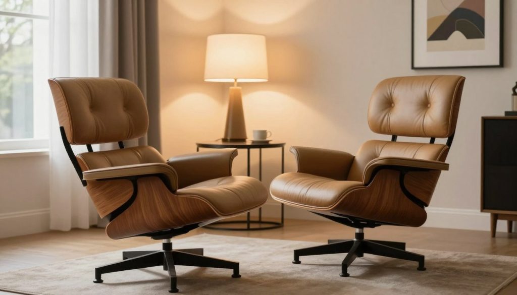 A beautifully styled living space showcasing a high-quality replica of an Eames lounge chair by Decomica.com. The chair is positioned prominently in the foreground, highlighting its sleek wooden base, plush leather upholstery, and ergonomic curves. The middle ground features a minimalist side table with a stylish lamp casting warm, inviting light over the scene. In the background, soft, neutral-colored walls are adorned with tasteful artwork that complements the chair, creating a cohesive aesthetic. Natural light filters through a large window, enhancing the atmosphere of comfort and sophistication. The overall mood is cozy yet elegant, perfect for illustrating the customization options available for iconic furniture pieces.