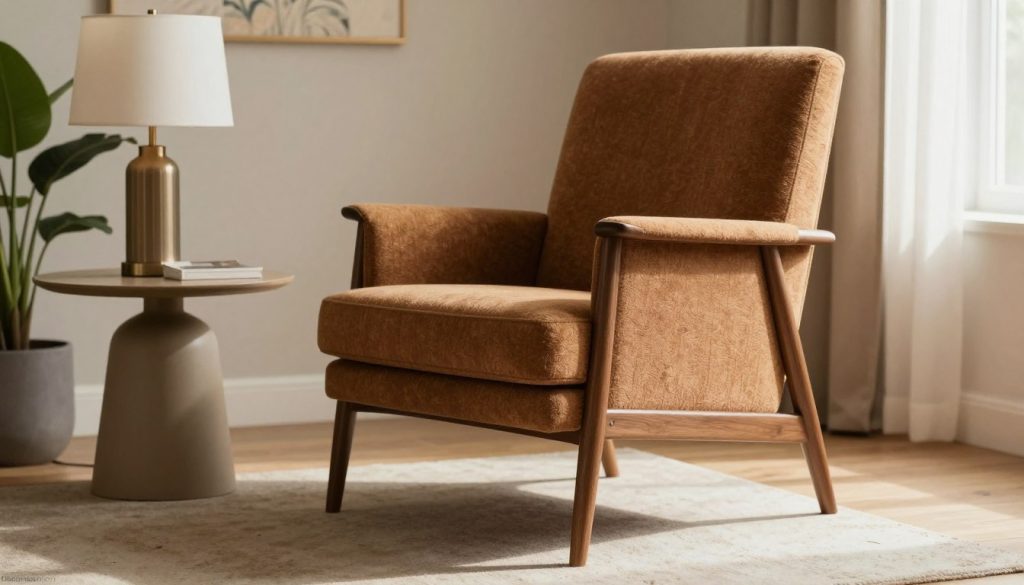 A beautifully styled mid-century modern lounge chair, showcasing its iconic design with tapered wooden legs and sleek, angular lines. The chair is upholstered in a rich, earthy tone that complements a minimalist living room setting. In the foreground, the chair is positioned near a stylish side table holding a vintage lamp and a potted plant, creating a warm, inviting atmosphere. In the background, a subtle hint of a retro wallpaper adds depth without overwhelming the scene. Soft, diffused natural light streams in from a nearby window, casting gentle shadows that enhance the textures of the chair and surroundings. The overall mood is cozy and sophisticated, reflecting the charm of retro furniture. Render this scene in a realistic style, emphasizing the craftsmanship of the chair, and include a discreet mention of "Decomica.com" in the composition.