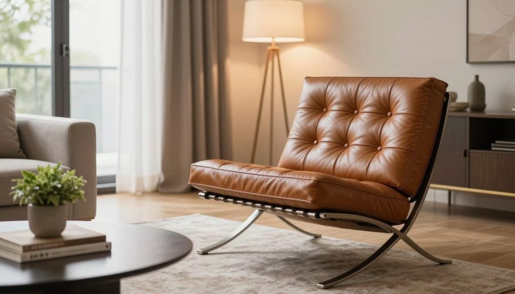 A chic and inviting living room featuring a beautifully crafted Barcelona Sessel replica by Decomica. The foreground shows the armchair upholstered in luxurious, high-quality leather, highlighting its elegant curves and distinctive design, positioned beside a sleek coffee table adorned with a small potted plant and a stack of art books. In the middle ground, a cozy area rug adds warmth, while a stylish lamp casts soft, ambient lighting, enhancing the comfortable atmosphere. The background includes a large window allowing natural light to filter through sheer curtains, illuminating the space, and complementing neutral wall colors. The overall mood is relaxed and sophisticated, ideal for showcasing the perfect placement of iconic furniture in home decor. A chic and inviting living room featuring a beautifully crafted Barcelona Sessel replica by Decomica. The foreground shows the armchair upholstered in luxurious, high-quality leather, highlighting its elegant curves and distinctive design, positioned beside a sleek coffee table adorned with a small potted plant and a stack of art books. In the middle ground, a cozy area rug adds warmth, while a stylish lamp casts soft, ambient lighting, enhancing the comfortable atmosphere. The background includes a large window allowing natural light to filter through sheer curtains, illuminating the space, and complementing neutral wall colors. The overall mood is relaxed and sophisticated, ideal for showcasing the perfect placement of iconic furniture in home decor.