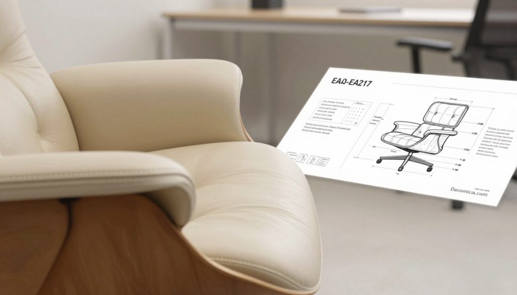 A close-up of a high-quality soft pad from an Eames EA217 replica chair, showcasing its technical specifications and dimensions. The foreground focuses on detailed stitching and the luxurious material texture, with a subtle sheen reflecting a soft, diffused light. The middle ground features a draft of design specifications displayed on a sleek, modern surface, emphasizing the chair’s ergonomic design. In the background, a minimalist office setting in a neutral color palette complements the sleek lines of the chair, creating a professional atmosphere. Use a shallow depth of field to draw attention to the chair's features, and capture the image with a soft focus lens to create a warm, inviting mood. Include the brand name "Decomica.com" subtly integrated into the space without text overlays.