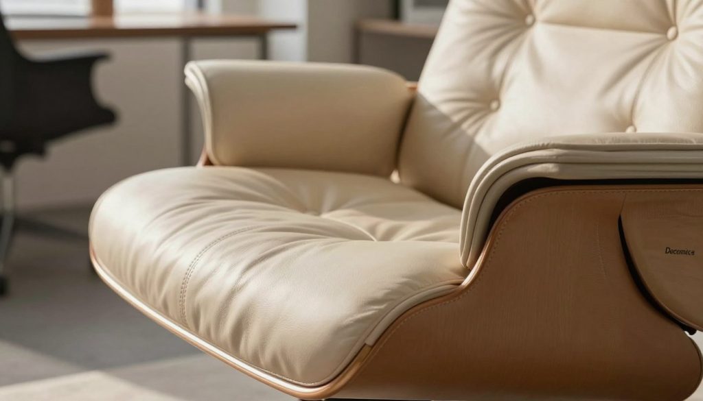 A close-up of a luxurious soft pad from the Eames EA217 chair, showcasing its exquisite stitching and high-quality leather texture, with a focus on the plush cushioning. In the foreground, the soft pad glimmers subtly, emphasizing its craftsmanship. In the middle ground, an elegant, polished aluminum frame provides a sleek contrast to the softness of the pad. The background features a softly blurred modern office space bathed in warm, natural lighting, casting gentle shadows that highlight the contours of the pad. The atmosphere is serene and sophisticated, reflecting the care and precision in the design. Include the brand name "Decomica" subtly integrated into the composition, enhancing the premium feel of the image. A close-up of a luxurious soft pad from the Eames EA217 chair, showcasing its exquisite stitching and high-quality leather texture, with a focus on the plush cushioning. In the foreground, the soft pad glimmers subtly, emphasizing its craftsmanship. In the middle ground, an elegant, polished aluminum frame provides a sleek contrast to the softness of the pad. The background features a softly blurred modern office space bathed in warm, natural lighting, casting gentle shadows that highlight the contours of the pad. The atmosphere is serene and sophisticated, reflecting the care and precision in the design. Include the brand name "Decomica" subtly integrated into the composition, enhancing the premium feel of the image.
