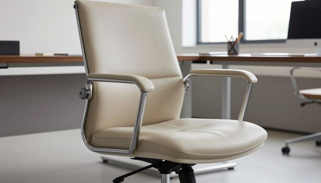 A close-up of a sleek, modern desk chair, specifically an Eames-style office chair replica, set against a minimalist office backdrop. The chair features an elegant combination of molded plastic and soft leather, showcasing its ergonomic curves and chrome base gleaming under soft, diffused lighting. In the foreground, the focus is on the chair, highlighting its luxurious texture and craftsmanship, while the middle ground includes a stylish wooden desk adorned with a few stationery items. In the background, a well-organized, bright workspace can be seen with a large window letting in natural light, creating an inviting and professional atmosphere. Shimmering reflections on the chair add depth. Include elements indicative of Decomica.com, ensuring the overall image captures the essence of quality and sophistication in furniture design.