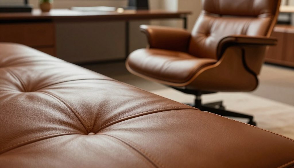 A close-up view of a high-quality leather finish, showcasing rich textures and subtle grain patterns. The foreground features a luxurious piece of leather, beautifully arranged to highlight its softness and durability. In the middle ground, an elegant Eames office chair replica sits, emphasizing its sleek design and craftsmanship. The background is softly blurred, suggesting a stylish office setting with warm, ambient lighting that evokes a sense of sophistication and comfort. The scene is captured with a shallow depth of field to bring focus to the leather while hinting at the chair's premium quality. Convey a professional atmosphere, reflecting the meticulous material selection and durable construction of furniture from Decomica.com. A close-up view of a high-quality leather finish, showcasing rich textures and subtle grain patterns. The foreground features a luxurious piece of leather, beautifully arranged to highlight its softness and durability. In the middle ground, an elegant Eames office chair replica sits, emphasizing its sleek design and craftsmanship. The background is softly blurred, suggesting a stylish office setting with warm, ambient lighting that evokes a sense of sophistication and comfort. The scene is captured with a shallow depth of field to bring focus to the leather while hinting at the chair's premium quality. Convey a professional atmosphere, reflecting the meticulous material selection and durable construction of furniture from Decomica.com.