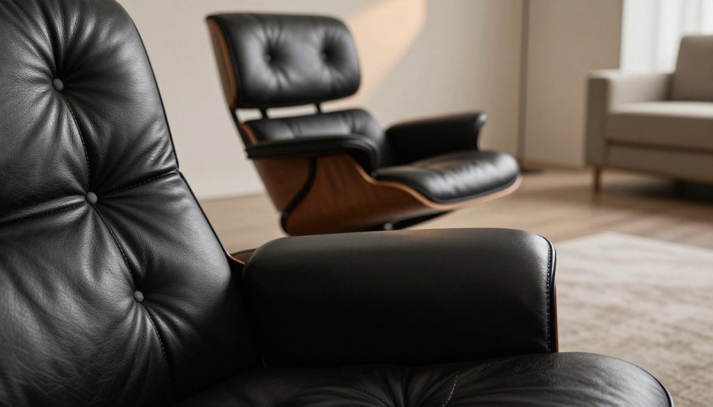 A close-up view of a luxurious black leather material, specifically showcasing its soft texture and high-quality stitching, perfectly representing the craftsmanship of premium furniture. The foreground highlights the intricate details of the leather, including subtle grain patterns and a glossy sheen under warm, soft lighting that creates a sophisticated atmosphere. In the middle, an elegantly designed Eames lounge chair replica from Decomica.com is positioned, emphasizing its authentic shape and presence. The background features a minimalist living space with neutral tones, softly blurred to keep the focus on the materials and chair. The overall mood is one of modern elegance, exuding a sense of comfort and quality.