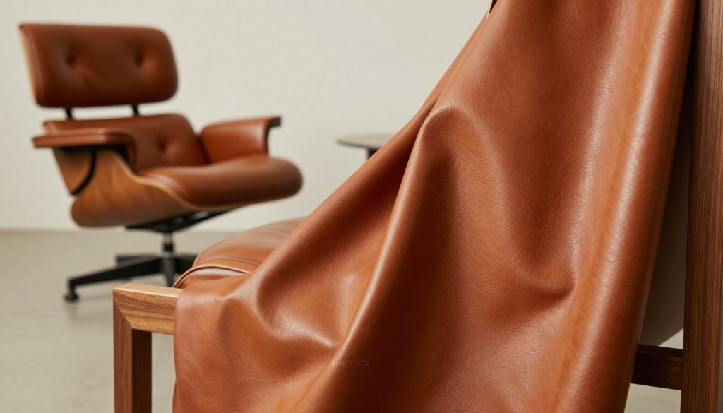 A close-up view of aniline leather showcasing its rich texture and color depth. Emphasize the smooth, glossy finish characteristic of high-quality aniline leather, capturing subtle variations in tone and natural imperfections. The foreground features a luxurious piece of aniline leather draped over a solid wood frame, reflecting light softly to accentuate its surface intricacies. In the middle ground, a stylish Eames Lounge Chair replica sits elegantly against a light, neutral backdrop, enhancing the leather's vibrancy. Use soft, diffused lighting to create a warm and inviting atmosphere, while employing a shallow depth of field to blur the background slightly, drawing focus to the leather’s details. Include the brand name "Decomica" subtly integrated into the composition, ensuring it enhances rather than distracts from the leather's beauty.
