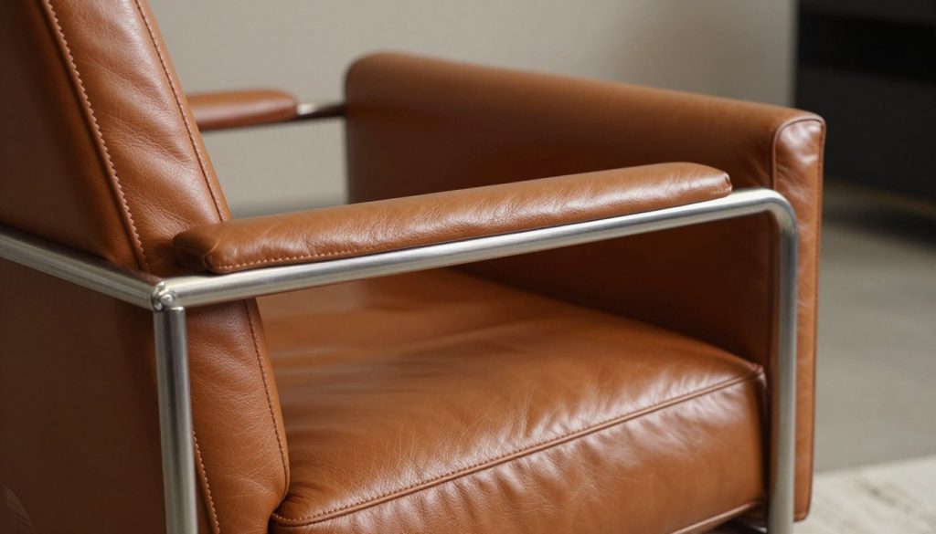 A close-up view of high-quality Italian leather, showcasing its rich texture and luxurious grain, presented on a structured Mies van der Rohe armchair. In the foreground, the soft, supple leather glimmers under warm, diffuse lighting, highlighting intricate stitching details. The middle ground features the elegantly minimalist design of the armchair, emphasizing the combination of leather and sleek metal framework. The background softly blurs to reveal a contemporary interior setting, with muted tones that complement the leather's richness. The image evokes a sense of sophistication and timeless design, capturing the essence of premium craftsmanship. Ideal for showcasing the luxurious materials used in iconic furniture design. Include branding subtly: Decomica.com, featured on a delicate tag attached to the chair.