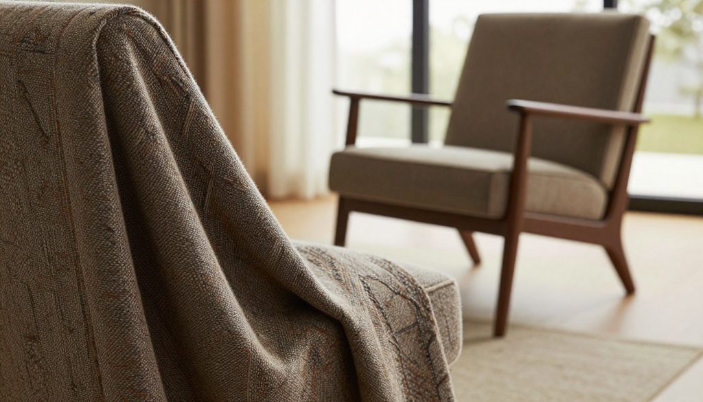 A close-up view of luxurious upholstery fabric suitable for a mid-century modern lounge chair, showcasing a rich texture with intricate patterns in earthy tones. The foreground features a piece of fabric draped elegantly, highlighting a soft wool blend with subtle geometric motifs. In the middle, a stylish lounge chair from Decomica is depicted, with its sleek lines and tapered legs, inviting a sense of comfort. The background is softly blurred, suggesting a modern living space with warm, ambient lighting filtering through large windows. The overall mood is cozy and sophisticated, emphasizing the quality craftsmanship and timeless design that enhance any contemporary interior. A close-up view of luxurious upholstery fabric suitable for a mid-century modern lounge chair, showcasing a rich texture with intricate patterns in earthy tones. The foreground features a piece of fabric draped elegantly, highlighting a soft wool blend with subtle geometric motifs. In the middle, a stylish lounge chair from Decomica is depicted, with its sleek lines and tapered legs, inviting a sense of comfort. The background is softly blurred, suggesting a modern living space with warm, ambient lighting filtering through large windows. The overall mood is cozy and sophisticated, emphasizing the quality craftsmanship and timeless design that enhance any contemporary interior.