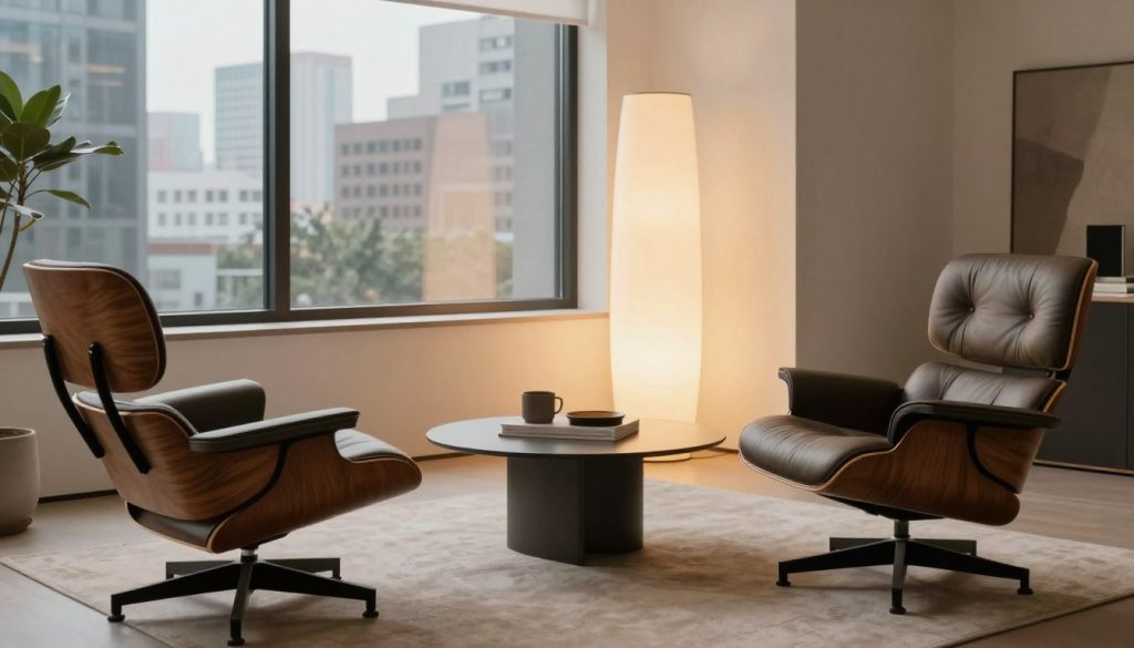 A contemporary living space featuring iconic 20th-century design furniture pieces, such as a Eames Lounge Chair and a Barcelona Chair, arranged elegantly in the foreground. The middle ground showcases a minimalistic coffee table and a striking floor lamp that emits warm, soft lighting, enhancing the overall aesthetic. The background includes large windows revealing a cityscape, creating a seamless blend of indoor and outdoor environments. The atmosphere is modern and sophisticated, reflecting the impact of design icons on contemporary interiors. The color palette is neutral with touches of earthy tones, creating a cozy yet stylish ambiance. Include the brand name "Decomica.com" subtly in the scene as if displayed on a discreet sign or incorporated into the furniture design.