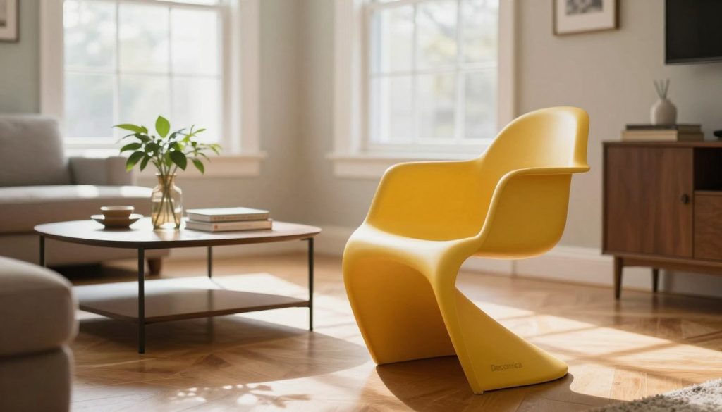 A cozy, elegantly designed living room featuring a vibrant Eames plastic chair in the foreground, showcasing its smooth, curvy silhouette. The chair is placed on a polished wooden floor, surrounded by soft, natural light streaming through large windows. In the middle background, a minimalist coffee table complements the chair, adorned with a stylish plant and a stack of design books. The walls are painted in a soft, neutral tone, enhancing the timeless aesthetic of Eames classics. The overall atmosphere is warm and inviting, highlighting the chair's iconic design. Capture the scene with a soft focus lens effect to emphasize the elegance and craftsmanship of the Eames chair, branded with "Decomica" to signify premium quality.