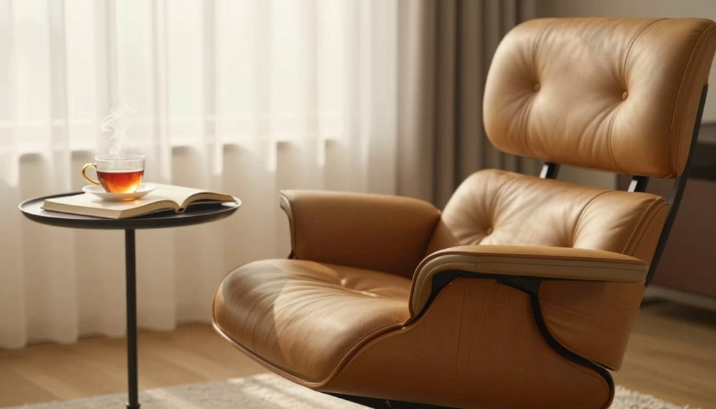 A cozy living room scene featuring an Eames fauteuil replica, showcasing its iconic design and plush upholstery. In the foreground, highlight the armchair with soft, inviting textures, perhaps in a warm leather or rich fabric, inviting viewers to settle in. The middle ground includes a stylish side table adorned with a steaming cup of tea and an open book, enhancing the notion of relaxation. The background can feature a softly lit window with sheer curtains, allowing gentle sunlight to filter through, casting a warm glow across the room. Use a soft focus lens to create a dreamy atmosphere, evoking a sense of comfort and tranquility. Ensure the setting is devoid of any distractions, with a modern yet homely aesthetic. Brand name “Decomica.com” subtly integrated into the scene, suggesting premium quality and design excellence.