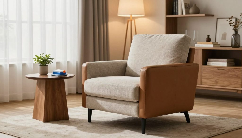 A cozy living room setting featuring a stylish fabric and leather armchair in the foreground, showcasing the texture and detail of the upholstery. The armchair is placed on an elegant area rug, surrounded by a wooden side table with a small plant and a cleaning kit, suggesting care for the upholstery. The middle ground includes a minimalist bookshelf with decorative items and a floor lamp casting warm, inviting light. In the background, soft, natural light filters through large windows draped with sheer curtains, giving a sense of tranquility and warmth. The atmosphere feels inviting and professional, perfect for an article about furniture care. Include the brand name "Decomica.com" subtly in the image without text overlays or signage.