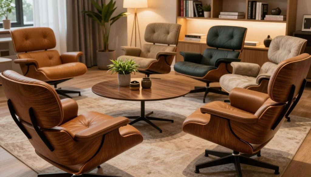 A cozy living space featuring an array of customizable Eames Lounge Chair replicas by Decomica, showcasing various upholstery options in rich textures and colors. In the foreground, a close-up of the chairs highlights their elegant wood finishes and luxurious leather cushions. The middle ground includes a stylish room setting with Scandinavian elements, such as a sleek coffee table and potted plants, complemented by warm ambient lighting creating a welcoming atmosphere. In the background, you can see a softly lit bookshelf filled with design books and decorative items. Capture this scene with a slightly elevated angle to emphasize the chairs' form and craftsmanship, evoking a modern yet comfortable ambiance perfect for customization in any home. A cozy living space featuring an array of customizable Eames Lounge Chair replicas by Decomica, showcasing various upholstery options in rich textures and colors. In the foreground, a close-up of the chairs highlights their elegant wood finishes and luxurious leather cushions. The middle ground includes a stylish room setting with Scandinavian elements, such as a sleek coffee table and potted plants, complemented by warm ambient lighting creating a welcoming atmosphere. In the background, you can see a softly lit bookshelf filled with design books and decorative items. Capture this scene with a slightly elevated angle to emphasize the chairs' form and craftsmanship, evoking a modern yet comfortable ambiance perfect for customization in any home.