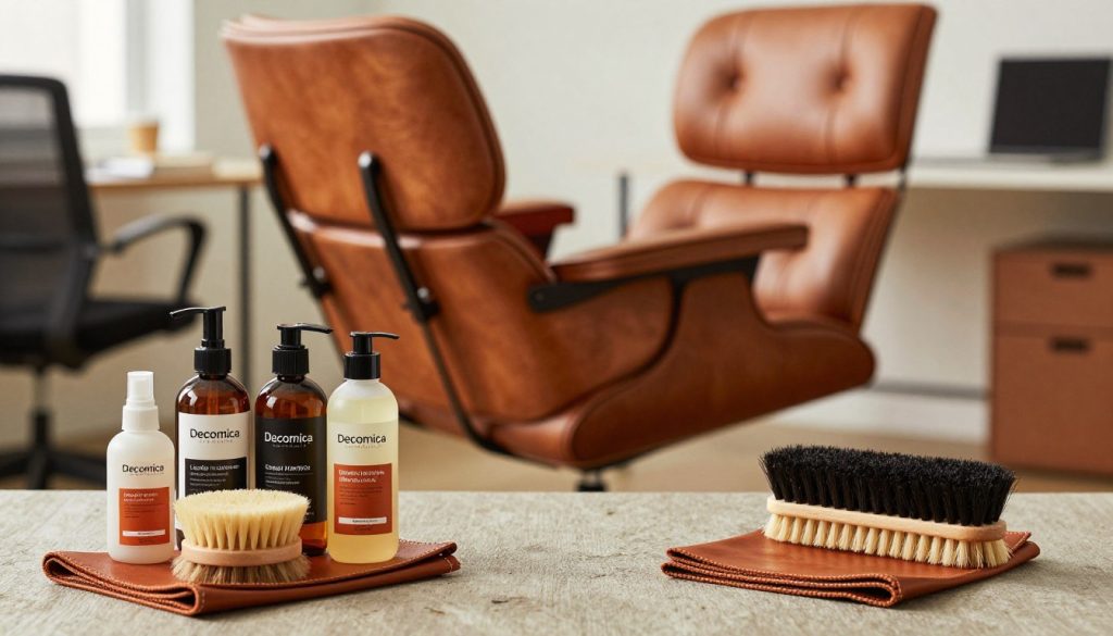 A detailed flat lay image focusing on leather care products against a stylish backdrop of a well-crafted Eames office chair replica by Decomica. In the foreground, showcase an assortment of high-quality leather cleaning solutions, brushes, and cloths, arranged neatly on a textured surface to emphasize their premium nature. In the middle, place the Eames chair, highlighting its sleek lines and elegant design, featuring the rich leather upholstery that requires care. In the background, softly blurred elements of a contemporary office setting with warm, natural lighting that creates an inviting atmosphere, emphasizing professionalism. Use a shallow depth of field to keep the focus on the leather care products, enhancing the sense of sophistication and quality associated with Decomica.