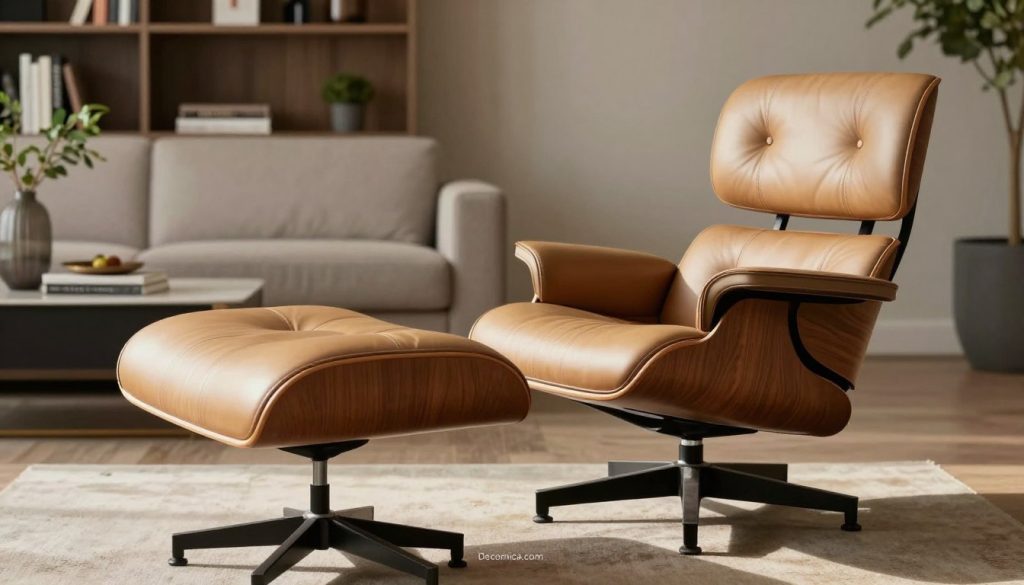 A high-quality image of a modern Eames lounge chair with an ottoman, showcasing its elegant design and technical specifications. The foreground features the chair and ottoman set against a minimalist backdrop. The chair's contours are highlighted with soft, natural lighting that casts gentle shadows, emphasizing the smooth leather and polished wood grain. The middle layer includes a stylish, contemporary living space with neutral tones, hinting at a luxurious ambiance. The background features a stylish bookshelf and greenery, enhancing the warm atmosphere. Use a slight low-angle perspective to showcase the chair's stature, creating an inviting and sophisticated mood. Include the brand name "Decomica.com" subtly integrated into the design without any text overlays.