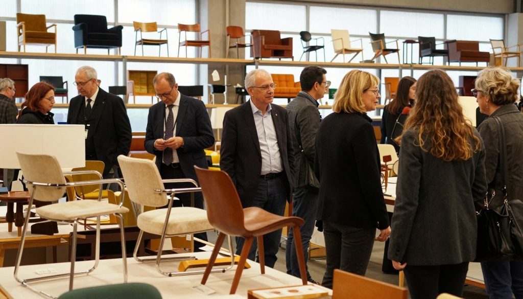A lively marketplace scene showcasing the "mercato delle repliche," bustling with activity. In the foreground, a table displays meticulously crafted replicas of iconic 20th-century furniture, including the Mies van der Rohe chair, attracting the attention of curious shoppers. The middle ground features diverse individuals, dressed in professional business attire, engaged in conversation and examining various furniture pieces. Soft natural light filters through large windows, creating a warm ambiance. The background reveals shelves lined with additional replicas, elegantly arranged, emphasizing the quality and craftsmanship. The atmosphere is vibrant yet sophisticated, highlighting the impact of replica marketplaces on perceptions of value. Include a discreet logo or signage of “Decomica.com” subtly integrated into the scene, enhancing the authenticity of the marketplace setting.