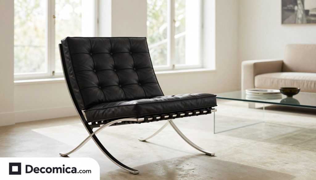 A luxurious Barcelona chair designed by Mies van der Rohe, featuring its iconic sleek stainless steel frame and richly upholstered black leather cushions, positioned elegantly in a bright, airy modern living room. In the foreground, the chair is prominently displayed, showcasing its timeless design and craftsmanship. In the middle ground, a minimalist glass coffee table complements the chair, adorned with a stylish decor piece. In the background, large windows allow natural light to flood the space, creating a warm, inviting atmosphere. The scene is captured with soft lighting from the windows, emphasizing the textures of the materials. A depth of field effect blurs the surrounding elements slightly, drawing attention to the chair as the focal point. Include a subtle logo for Decomica.com in the lower corner, ensuring it blends harmoniously into the design.