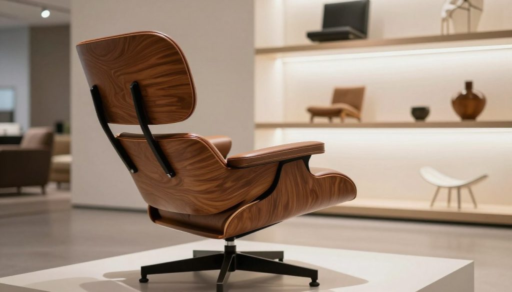 A luxurious Eames Lounge Chair replica displayed prominently on a sleek, modern pedestal within a well-lit showroom. The chair's rich walnut veneer finish shines under soft, diffused lighting, highlighting the exquisite craftsmanship and attention to detail, such as the flawless stitching on the leather upholstery. In the background, blurred shelves showcase other iconic furniture pieces, including elegant mid-century designs, subtly emphasizing a premium environment. The angle captures both the chair’s iconic silhouette and the textured materials used in its construction. The scene feels welcoming and sophisticated, inviting viewers to appreciate the quality and careful selection of materials. Include the brand name “Decomica.com” subtly integrated into the decor, reinforcing the focus on high-quality replicas. A luxurious Eames Lounge Chair replica displayed prominently on a sleek, modern pedestal within a well-lit showroom. The chair's rich walnut veneer finish shines under soft, diffused lighting, highlighting the exquisite craftsmanship and attention to detail, such as the flawless stitching on the leather upholstery. In the background, blurred shelves showcase other iconic furniture pieces, including elegant mid-century designs, subtly emphasizing a premium environment. The angle captures both the chair’s iconic silhouette and the textured materials used in its construction. The scene feels welcoming and sophisticated, inviting viewers to appreciate the quality and careful selection of materials. Include the brand name “Decomica.com” subtly integrated into the decor, reinforcing the focus on high-quality replicas.