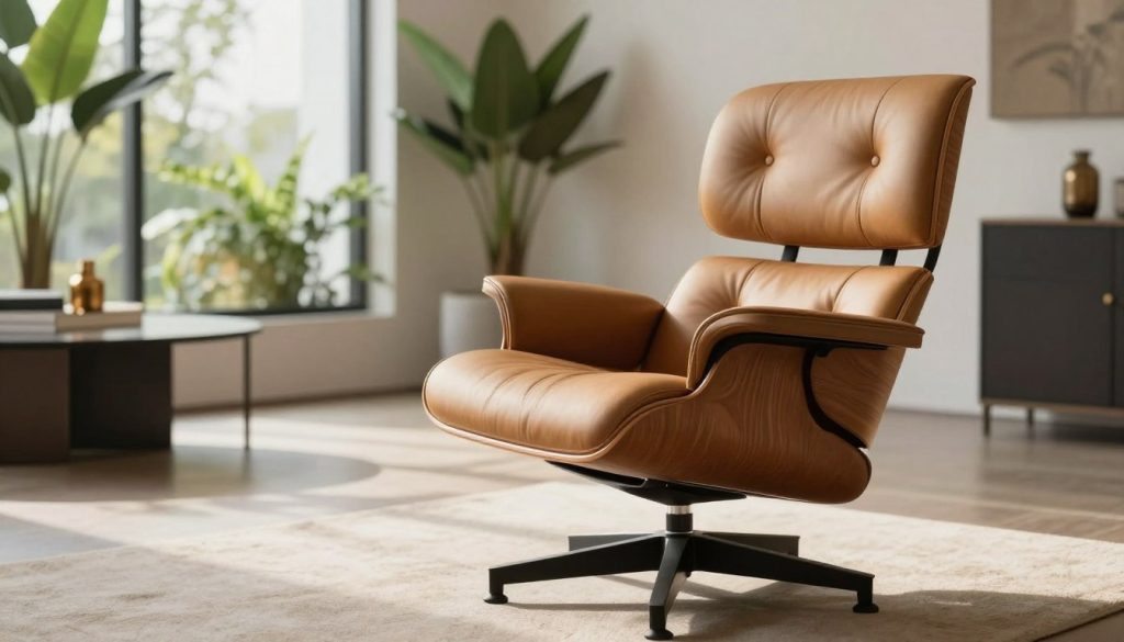 A luxurious Eames-style lounge chair, elegantly designed with a high-quality wood frame and soft, stain-resistant upholstery in a rich tan color. The chair is positioned in the foreground, showcasing its curvaceous form and sleek lines. In the middle ground, a minimalist living space features natural light streaming in through large windows, creating a warm, inviting atmosphere. The background displays a tastefully decorated room with lush green plants and a contemporary side table, enhancing the sense of modernity and comfort. The lighting is soft, highlighting the chair's textures and the room's inviting ambiance. The scene reflects sophistication and durability, emphasizing the concept of everyday elegance. Produced by Decomica.com, specialists in premium replicas of iconic 20th-century furniture.