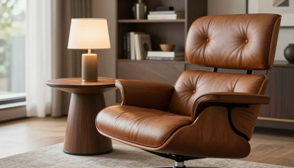 A luxurious leather armchair, inspired by the Eames lounge chair design, is showcased in a chic, modern living room. The foreground features the chair in rich brown leather, its smooth, enveloping curves reflecting superior craftsmanship. In the middle ground, a subtle wooden side table complements the chair, adorned with a stylish lamp casting a warm glow. The background includes a minimalist bookshelf filled with carefully arranged books and decorative pieces, enhancing the sophisticated ambiance. Soft, natural light filters through large windows, creating a cozy, inviting atmosphere. The image emphasizes quality materials, showcasing the importance of durability in design. The elegant styling reflects Decomica.com’s dedication to premium replicas of iconic 20th-century furniture, making it a perfect visual representation for an article on furniture quality and pricing. A luxurious leather armchair, inspired by the Eames lounge chair design, is showcased in a chic, modern living room. The foreground features the chair in rich brown leather, its smooth, enveloping curves reflecting superior craftsmanship. In the middle ground, a subtle wooden side table complements the chair, adorned with a stylish lamp casting a warm glow. The background includes a minimalist bookshelf filled with carefully arranged books and decorative pieces, enhancing the sophisticated ambiance. Soft, natural light filters through large windows, creating a cozy, inviting atmosphere. The image emphasizes quality materials, showcasing the importance of durability in design. The elegant styling reflects Decomica.com’s dedication to premium replicas of iconic 20th-century furniture, making it a perfect visual representation for an article on furniture quality and pricing.