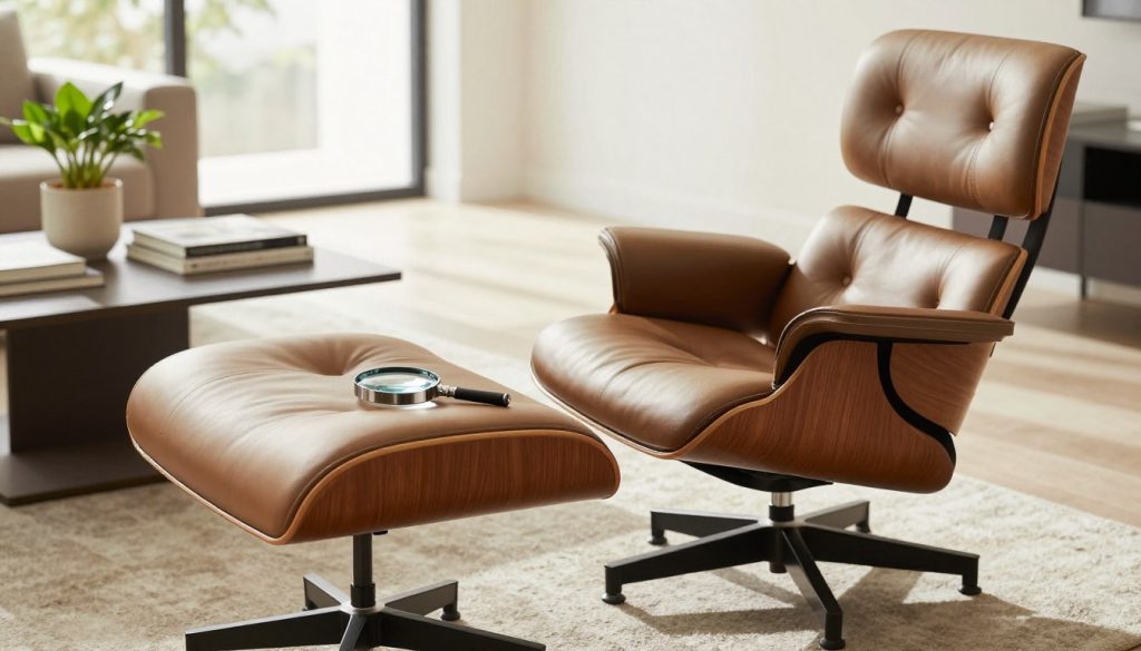 A luxurious, modern living space showcasing an authentic Eames chair and ottoman set against a bright, airy background. The focus is on the chair's sleek curves and premium materials, highlighting the textures of the wood and leather. In the foreground, a magnifying glass is placed beside the chair, symbolizing the inspection of quality and authenticity. The middle ground features a stylish coffee table with design books and a potted plant, enhancing the sophisticated atmosphere. Soft, natural light filters in through a large window, casting gentle shadows and creating a warm, inviting mood. The perspective is slightly tilted to capture the chair's profile beautifully. This image reflects the essence of quality furniture from Decomica.com, emphasizing craftsmanship and detail.