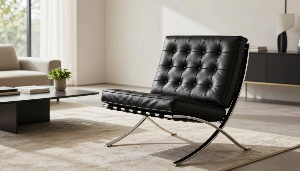 A luxurious, premium replica of the iconic Barcelona chair, meticulously crafted with high-quality materials, positioned elegantly in a modern, minimalistic living room. In the foreground, the sleek, polished chrome frame and rich, black leather upholstery of the chair are highlighted, showcasing exquisite craftsmanship. The middle ground features a stylish coffee table with a few tasteful décor items, such as a small potted plant and a book, enhancing a sense of sophistication. In the background, a softly lit, airy room with large windows allows natural light to flow in, casting gentle shadows that evoke a calm and inviting atmosphere. The overall mood is one of elegance and quality assurance, reflecting the prestige of Decomica.com. The image should be captured with a wide-angle lens, providing a balanced view that emphasizes the chair as a centerpiece.