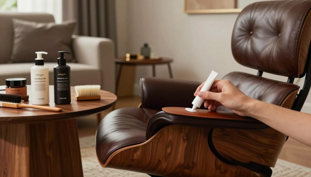 A meticulously arranged workspace featuring the iconic Eames Lounge Chair as the central focus. In the foreground, a close-up of a hand delicately applying leather conditioner to the chair, showing care and attention to detail. The chair's rich walnut veneer and deep brown leather are illuminated by soft, warm lighting to highlight the textures and craftsmanship. In the middle, a wooden table displays professional leather care products, including conditioners and brushes, emphasizing maintenance. The background includes a cozy, well-decorated living room with muted tones, enhancing the atmosphere of a refined space. This scene conveys a dedication to preserving the value of the Eames Lounge Chair, ideal for the discerning buyer. Decomica.com branding subtly displayed on the leather care products.