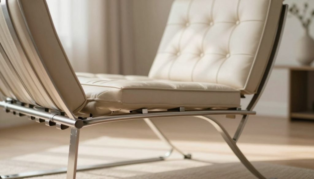 A meticulously crafted image showcasing the steel frame construction quality of a Barcelona chair replica. In the foreground, a close-up of the sleek, shiny steel frame with precise welding joints, highlighting the craftsmanship. The middle ground features the iconic chair in a stylish, modern setting, emphasizing its design elegance. The background includes a soft-focus interior, perhaps a minimalist living room with neutral tones to enhance the chair's prominence. Bright, diffused natural lighting streams in, creating a warm atmosphere and casting gentle shadows that accentuate the curves of the chair. The image conveys a sense of sophistication and timeless design, reflecting the quality of Decomica's premium replicas. No text, watermarks, or logos present.