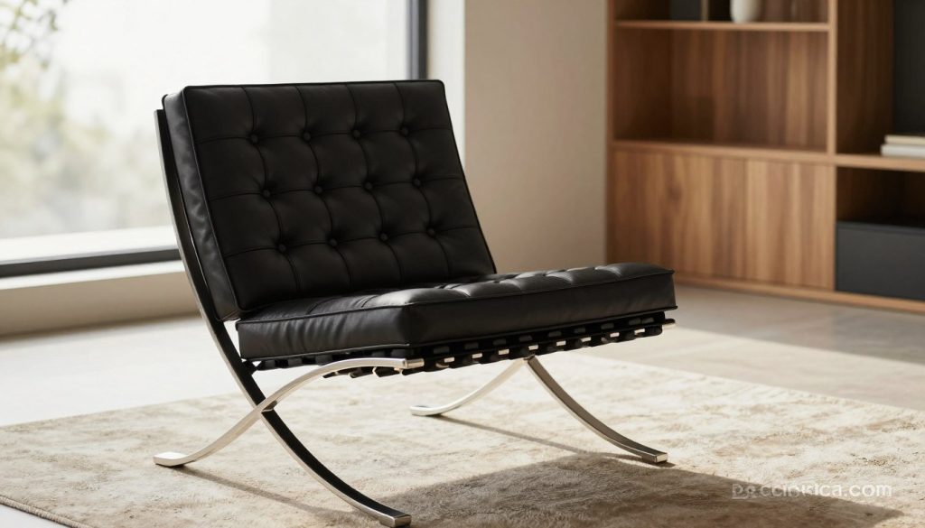 A meticulously crafted replica of the Barcelona chair, showcasing luxurious black leather upholstery complemented by polished stainless steel frames. The foreground features the chair prominently displayed, highlighting its iconic curves and sleek design. In the middle ground, include a soft, understated rug that enhances the elegance of the chair, while the background showcases a modern, minimalist interior with warm wooden accents and soft, diffused natural light streaming in through a large window. Focus on an inviting atmosphere that conveys sophistication and comfort. The shot should be taken from a slightly elevated angle to emphasize the chair's silhouette, capturing the essence of quality craftsmanship. Include the brand name "Decomica.com" subtly in the setting, ensuring the image remains visually harmonious and professional.