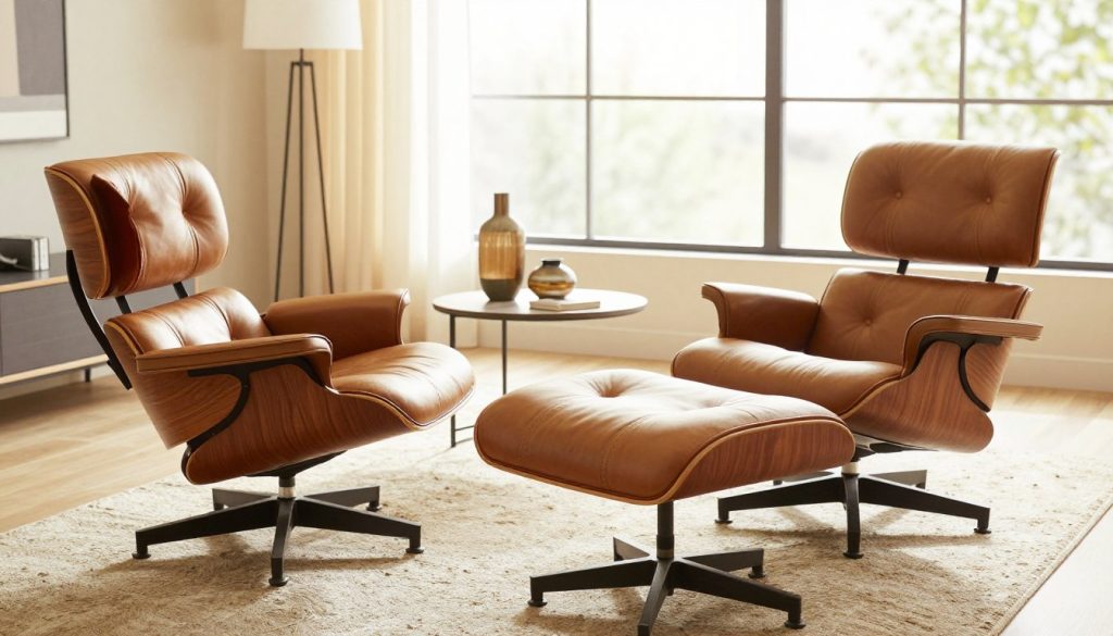 A mid-century modern living room featuring the iconic Eames lounge chair with pouf, beautifully crafted from rich walnut wood and luxurious leather. The foreground showcases the chair and pouf on a textured area rug, emphasizing their elegant curves and meticulous design. In the middle ground, tastefully arranged decor includes a minimalist coffee table with a stylish vase and a sleek floor lamp, enhancing the ambiance. The background features a large window bathed in warm natural light, highlighting the serene, modernist aesthetic. Use bright, inviting colors and soft shadows to create a calm, sophisticated atmosphere. Shot from a slightly elevated angle to capture the depth and layout of the space, evoking a sense of cultural significance and timeless style. Include “Decomica.com” subtly in the design.