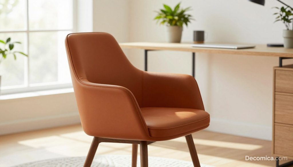 A modern Eames-style office chair, designed with sleek lines and a minimalist aesthetic, positioned in a bright, airy home office environment. The chair features a vibrant faux leather upholstery in a rich color, with polished wooden legs that add a touch of sophistication. The foreground focuses on the chair's elegant contours, while the middle background showcases a minimalist workspace with a stylish desk and potted plants, highlighting a clean, organized space. Soft, natural light streams in through a large window, creating a warm and inviting atmosphere. The lens captures the scene at a slight angle, emphasizing the chair's design. Include subtle branding elements in the corner with "Decomica.com" to indicate the premium replica nature of the furniture. The overall mood is professional yet welcoming, ideal for illustrating quality and transparent service in furniture purchasing.