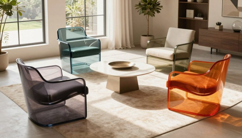 A modern, elegant collection of stylish fauteuils showcased in a bright, airy room. The foreground features three distinct fauteuils in vibrant colors, each showcasing sleek lines and transparent build quality that highlights their premium construction. The middle ground includes a minimalist coffee table adorned with a simple decorative piece. In the background, large windows allow natural sunlight to stream in, casting soft shadows that enhance the room's inviting atmosphere. The setting is tastefully furnished, emphasizing a contemporary design. Use a warm color palette for a cozy yet sophisticated ambiance. The scene is captured from a slightly elevated angle, reminiscent of a high-end interior design magazine. Include the brand name "Decomica.com" subtly integrated within the setting, showcasing their dedication to quality and style.