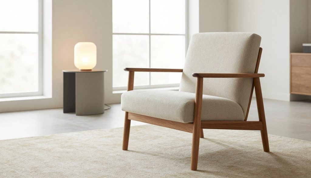 A modern, functionalist armchair designed with clean lines and minimalistic elegance, situated prominently in the foreground. The chair features a sleek wooden frame with a soft, upholstered seat made of high-quality fabric in a neutral tone, emphasizing its replica nature. In the middle ground, a softly textured carpet complements the chair, while a stylish side table holds a contemporary lamp with a warm, inviting glow. The background showcases a bright, airy room with large windows allowing natural light to flood in, creating a serene atmosphere. The image is captured with a wide-angle lens to accentuate the chair's design while encompassing the surrounding space, evoking a sense of modern sophistication. Decomica.com.