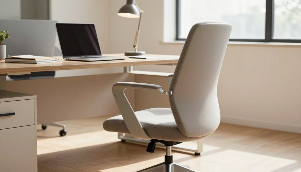 A modern office interior featuring an Eames-style office chair replica by Decomica, positioned prominently in the foreground. The chair is ergonomically designed with a sleek, minimalist aesthetic, showcasing its solid craftsmanship and elegant curves. In the middle ground, a well-organized desk with a laptop, notebooks, and a stylish desk lamp creates a productive workspace atmosphere. The background includes a large window with natural light streaming in, illuminating the scene. Soft shadows enhance the details of the chair and desk, while a warm color palette evokes a sense of comfort and professionalism. Overall, the image should convey an inspiring mood, emphasizing the importance of ergonomic support in a daily work environment.