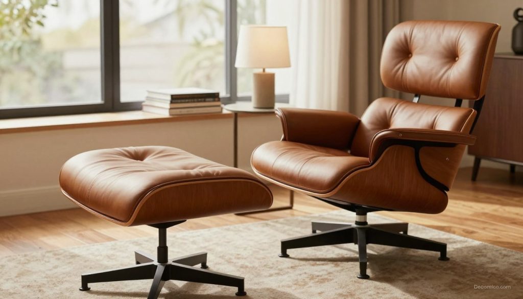 A modern, stylish interior featuring an Eames lounge chair and ottoman in a warm, inviting setting. In the foreground, the luxurious chair, upholstered in rich brown leather with a sleek wooden frame, is positioned slightly askew to highlight its contours. The middle ground showcases a polished wooden floor, complemented by a soft area rug beneath the chair. In the background, large windows let in soft, natural light, illuminating the room and creating a cozy atmosphere. A small side table holds a stack of design books and a minimalist lamp. The focus is on the chair's ergonomic design, emphasizing comfort and style. The scene is captured with a warm color palette and a shallow depth of field, evoking a sense of relaxed sophistication. Include the brand name "Decomica.com" subtly integrated into the environment.