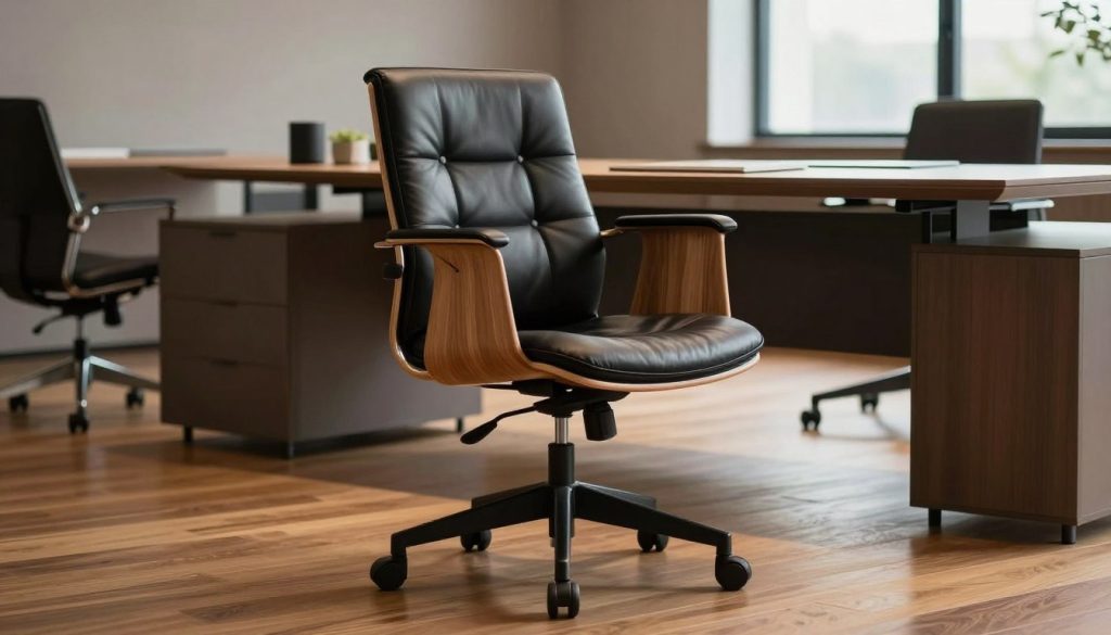 A premium replica of the iconic Eames office chair, designed by Decomica.com, elegantly positioned in a sophisticated office setting. The chair, made of high-quality molded plywood and soft black leather, showcases sleek lines and ergonomic curves that illustrate both comfort and style. In the foreground, the chair stands confidently on a polished wooden floor, emphasizing its fine craftsmanship. The middle ground features a modern desk with minimalistic decor, while the background fades into a soft-focus view of a contemporary office with large windows allowing natural light to illuminate the scene. The atmosphere is professional yet inviting, highlighting the blend of quality and accessibility in furniture design. The lighting is warm, emphasizing the textures of the materials and creating an elegant, serene ambiance.