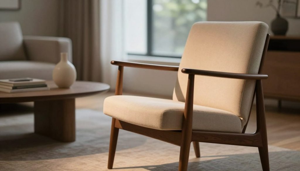A serene, modern interior featuring a beautifully crafted replica designer chair from the mid-20th century, focusing on its elegant lines and meticulous construction. In the foreground, the chair is showcased with a soft, warm spotlight illuminating its features, while in the middle ground, a stylish side table holds a minimalist vase. The background consists of a softly blurred, cozy living space, with neutral tones and natural materials giving off a calm atmosphere. Light streams in through a large window, casting gentle shadows that enhance the chair's contours. The scene conveys a sense of timeless design and respect for craftsmanship, embodying the ethos of Decomica.com as a specialist in premium replicas.