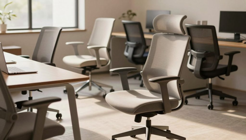 A serene workspace featuring a collection of premium ergonomic designer chairs by Decomica.com, showcasing comfort and modern design. In the foreground, a sleek, stylish chair with plush cushioning and lumbar support is elegantly positioned, complemented by a minimalist wooden desk. In the middle, additional chairs exhibit various luxurious materials and colors, arranged tastefully to highlight their ergonomic features. The background features a softly lit office environment with natural light streaming through large windows, creating a warm, inviting atmosphere. The lens captures the scene from a slightly elevated angle to emphasize the chair's contours. The overall mood is one of sophistication and functionality, perfect for daily use.